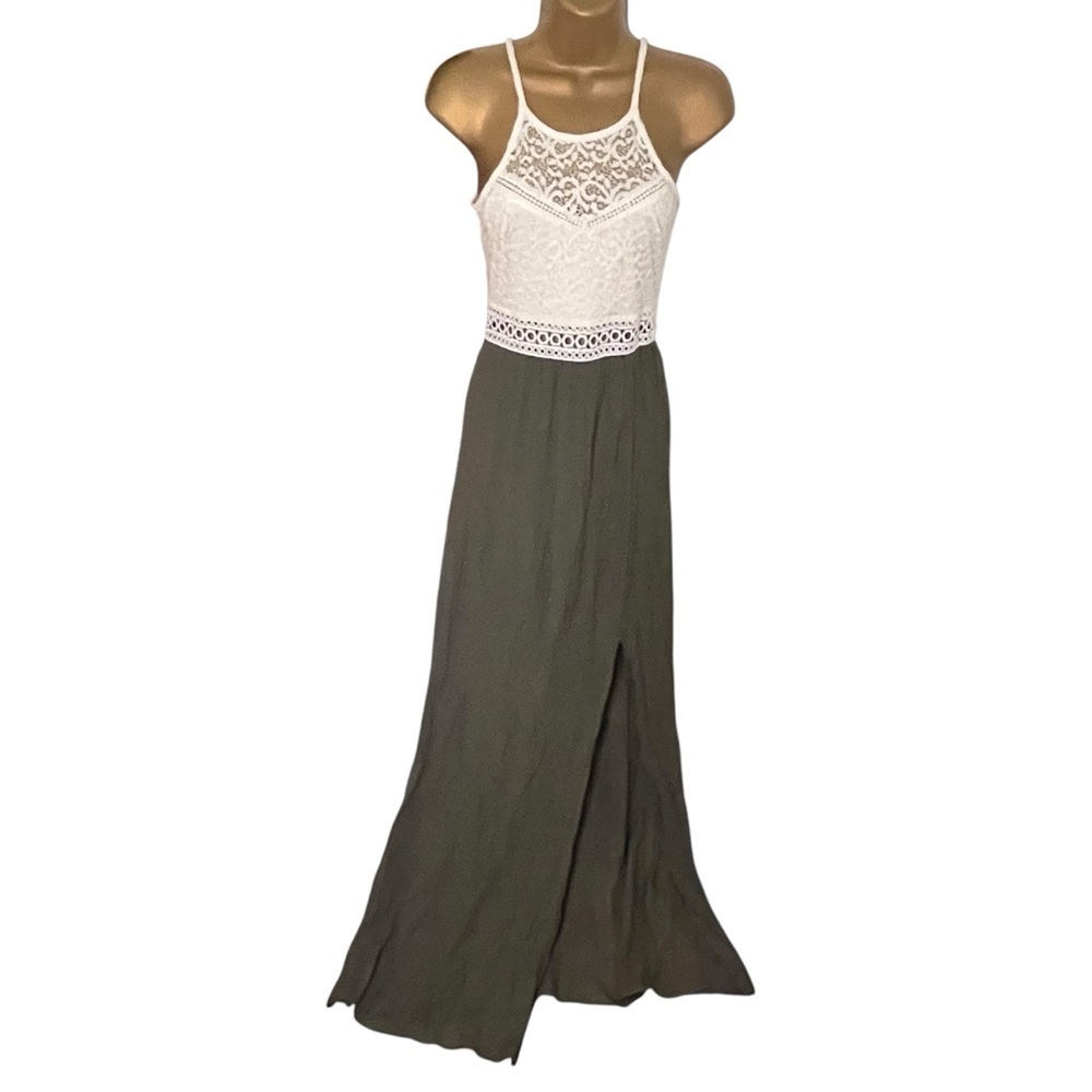 IZ Byer Lace Bodice Maxi Dress Keyhole Front Olive XS Juniors